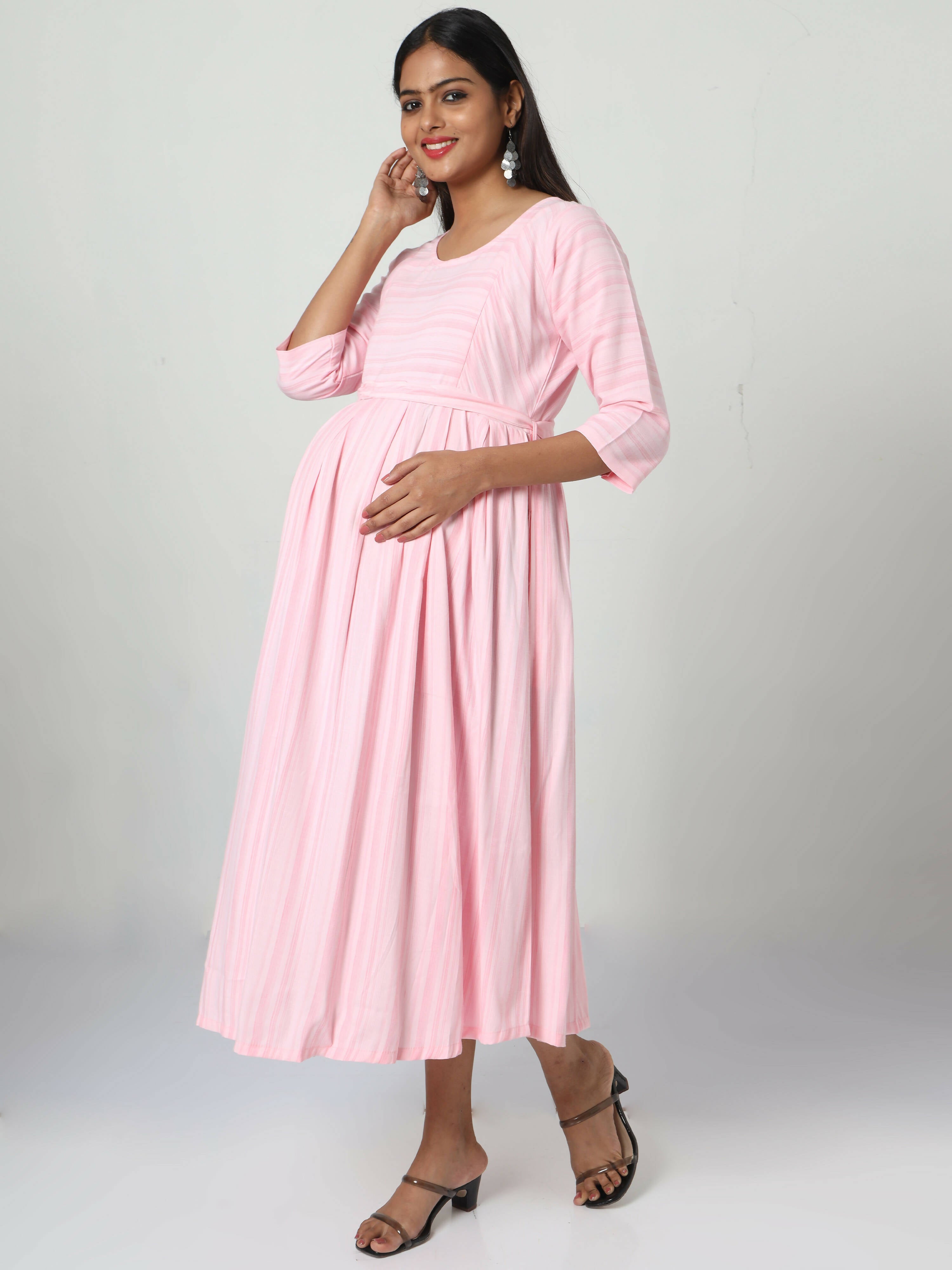 Manet Three Fourth Maternity Dress Striped With Concealed Zipper Nursing Access - Pink - Distacart