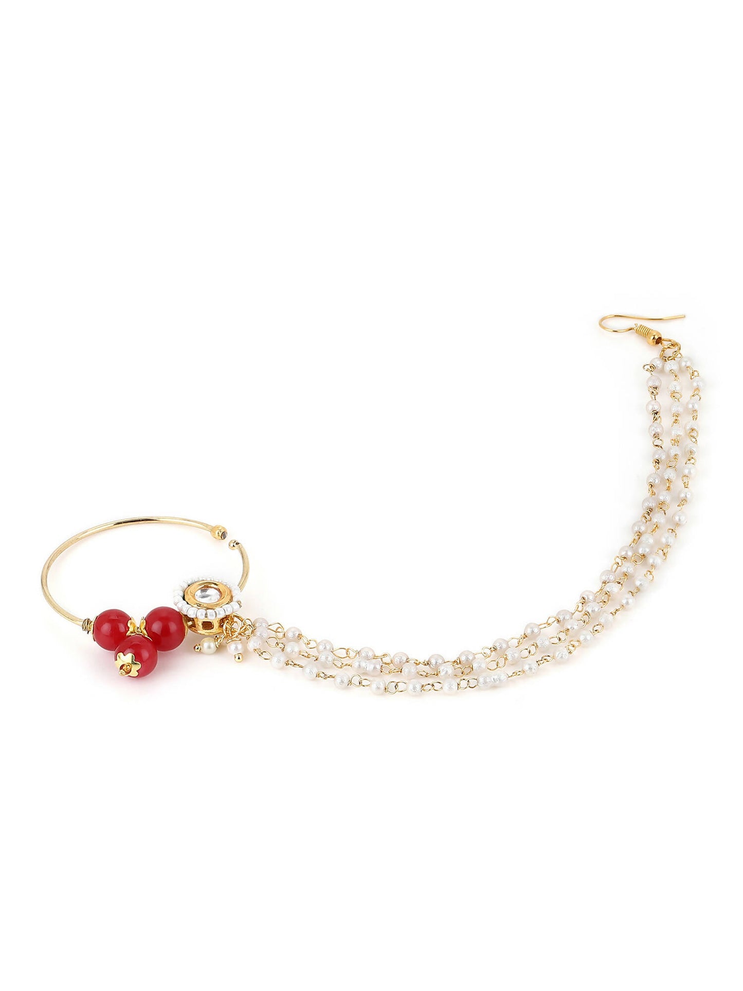 White Red Gold-Plated Kundan-Studded Beaded Nosepin - Ruby Raang - Distacart