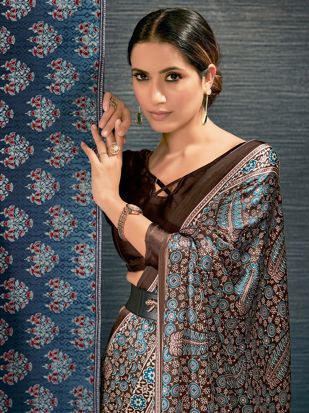 Saree Mall Brown & Blue Ethnic Motifs Printed Pure Crepe Block Print Saree - Distacart