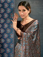 Thumbnail for Saree Mall Brown & Blue Ethnic Motifs Printed Pure Crepe Block Print Saree - Distacart