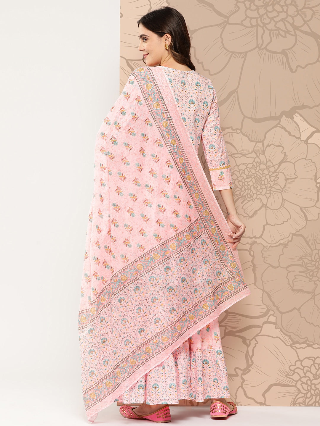 Kalini Floral Printed Gotta Patti Pure Cotton Kurta with Sharara & Dupatta - Distacart