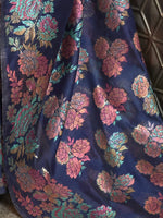 Thumbnail for Mitera Navy Blue & Pink Floral Zari Silk Blend Banarasi Saree - Distacart
