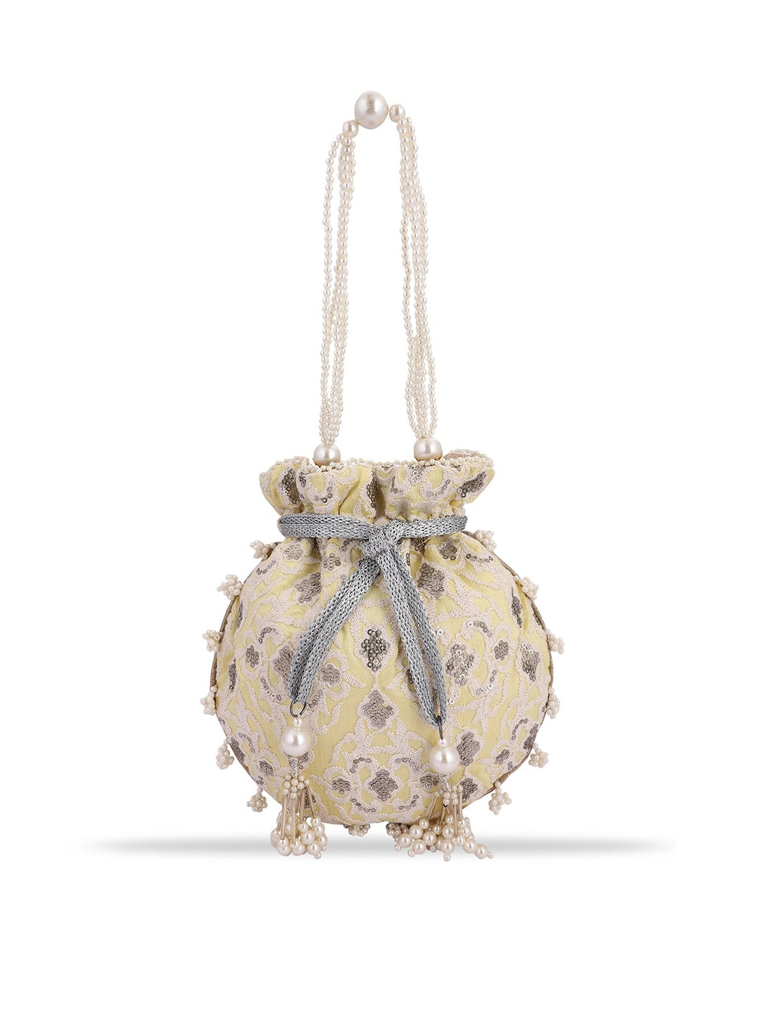 Masq Women Yellow & Grey Embellished Embroidered Potli Clutch - Distacart