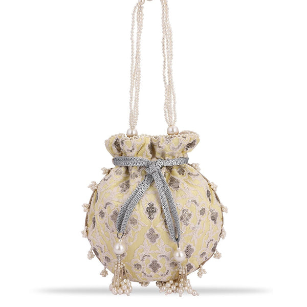 Masq Women Yellow & Grey Embellished Embroidered Potli Clutch - Distacart