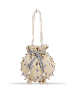 Masq Women Yellow & Grey Embellished Embroidered Potli Clutch - Distacart