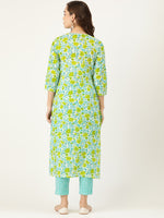 Thumbnail for Sangria Women Blue & Yellow Floral Printed Pure Cotton Kurta with Trousers - Distacart