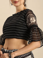 Thumbnail for Sangria Black & Grey Ethnic Motifs Zari Pure Linen Saree - Distacart