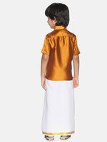 Thumbnail for Sethukrishna Boys Mustard Brown & White Solid Shirt and Veshti Set - Distacart