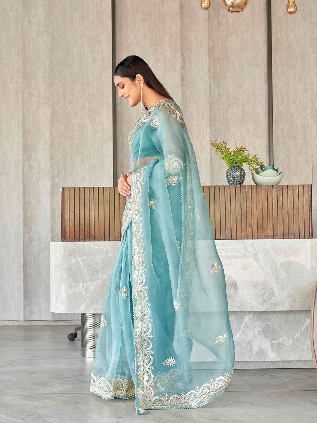 Tikhi Imli Floral Gotta Patti Organza Heavy Work Saree - Distacart