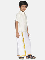 Thumbnail for Sethukrishna Boys Cream-Coloured & Gold-Toned Pure Cotton Shirt with Dhoti - Distacart