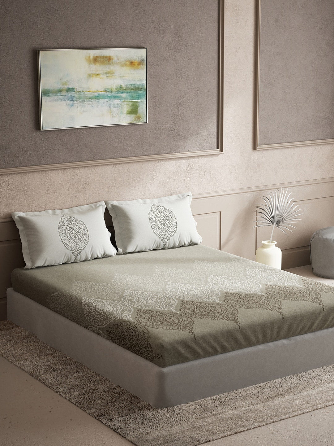 DDecor Grey & White Ethnic Motifs Cotton 140 TC Queen Bedsheet With 2 Pillow Covers - Distacart