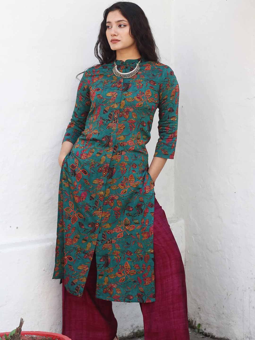 Kalini Floral Print Kantha Work Kurta with Palazzos - Distacart