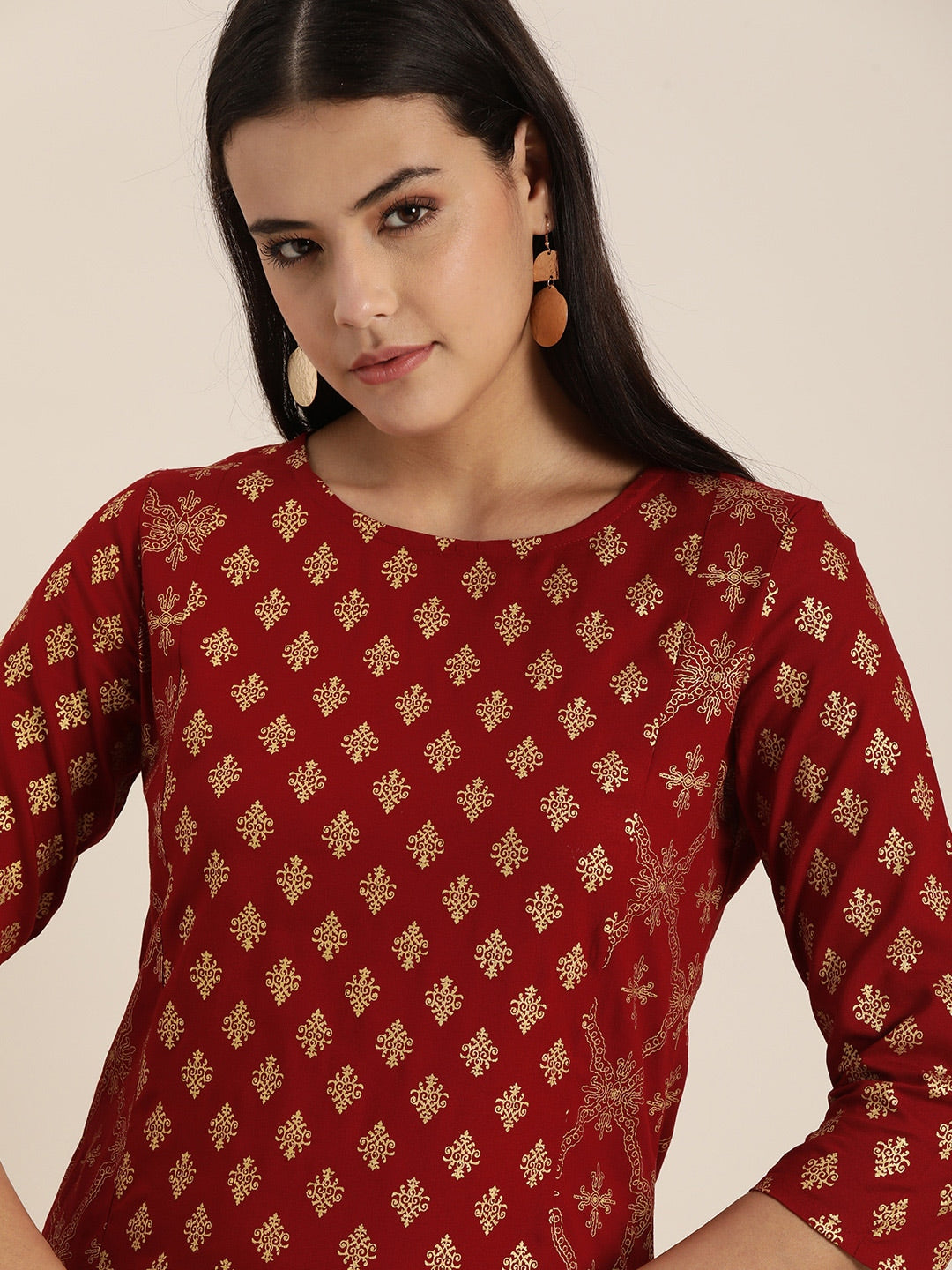 Sangria Women Maroon & Gold-Toned Ethnic Motifs Printed Kurta - Distacart