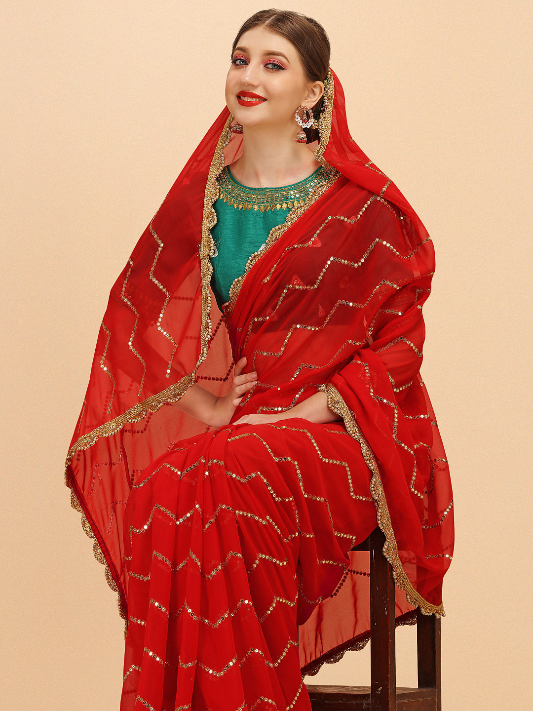 Sangria Red Embellished Sequinned Pure Georgette Saree - Distacart