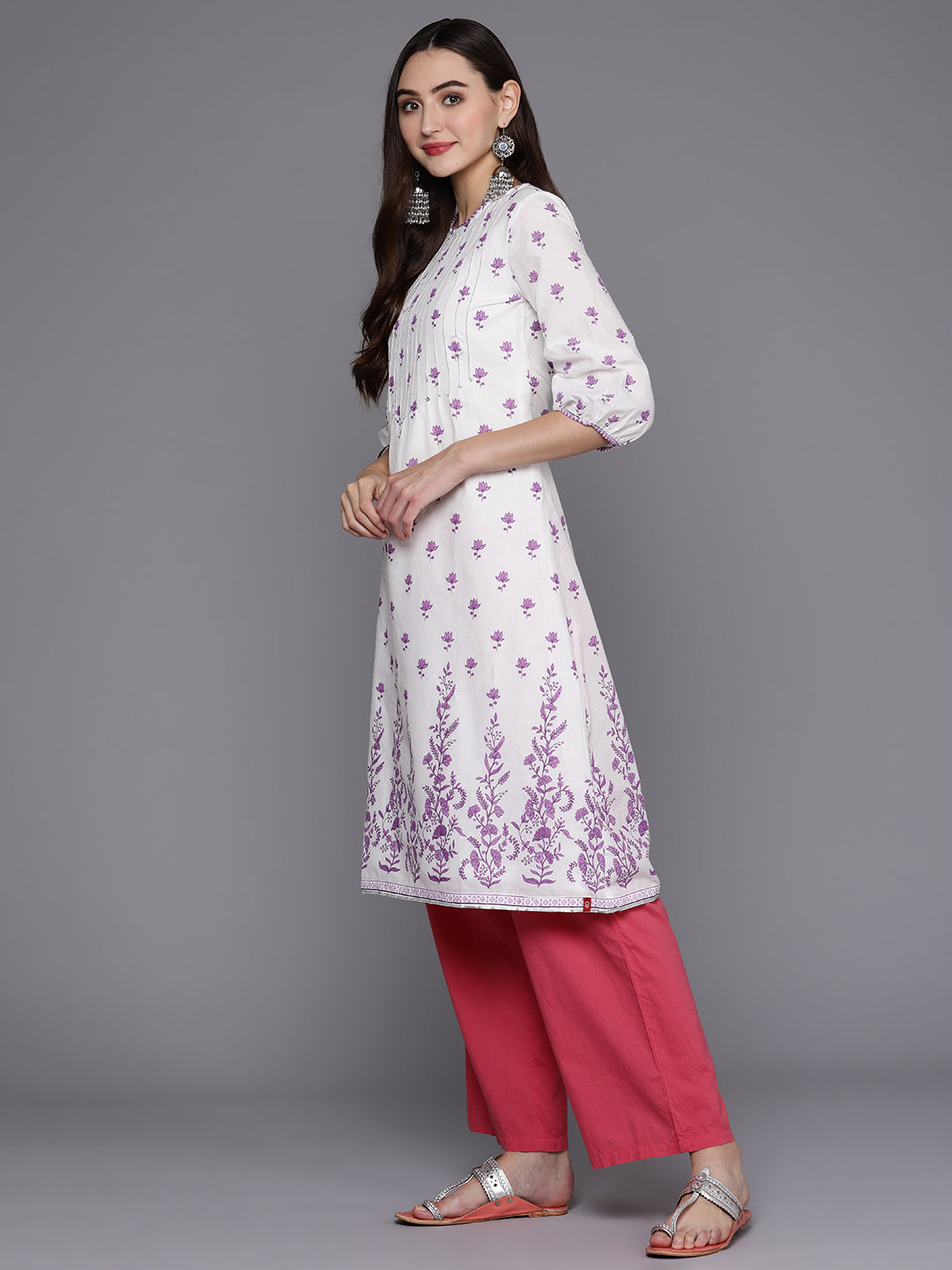 Biba Women White & Lavender Floral Printed Gotta Patti Floral Kurta - Distacart