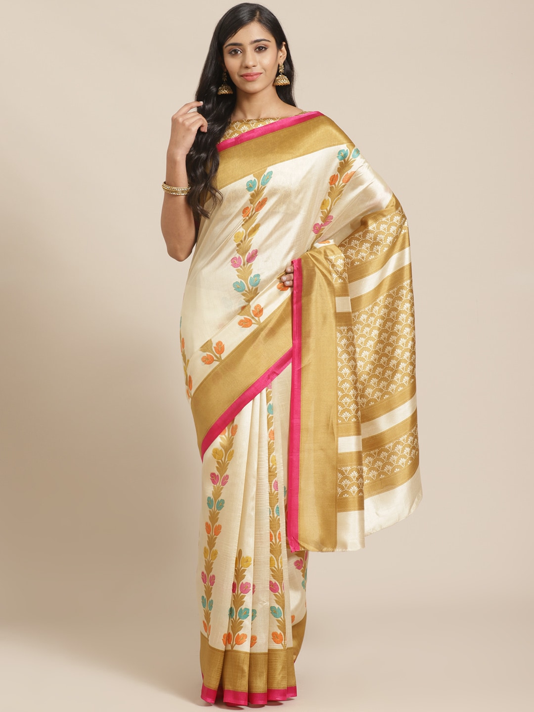 Saree Mall Beige & Pink Ethnic Motifs Print Saree - Distacart
