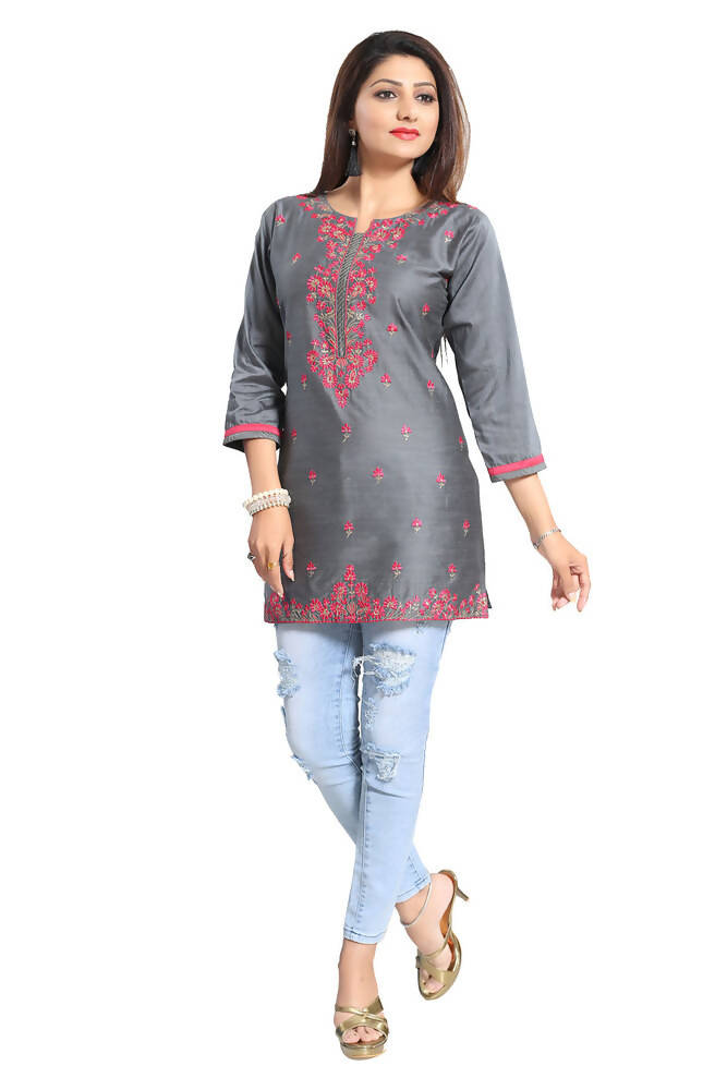 Snehal Creations Elegant Gray Short and Straight Raw Silk Tunic