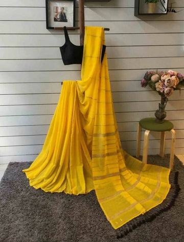 Exclusive Collection Khadi Cotton Handloom Khesh Saree With Blouse Piece - Yellow - Distacart