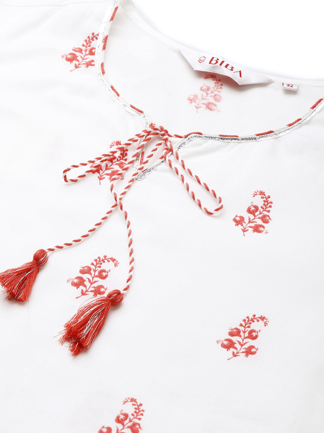 Biba Women White Pink Printed Pure Cotton A-Line Asymmetric Kurta - Distacart