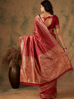 Thumbnail for Sangria Red & Gold Toned Ethnic Motifs Woven Design Zari Banarasi Saree - Distacart
