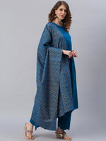 Thumbnail for Janasya Blue Printed Pure Cotton Anarkali Kurta & Palazzos With Dupatta - Distacart