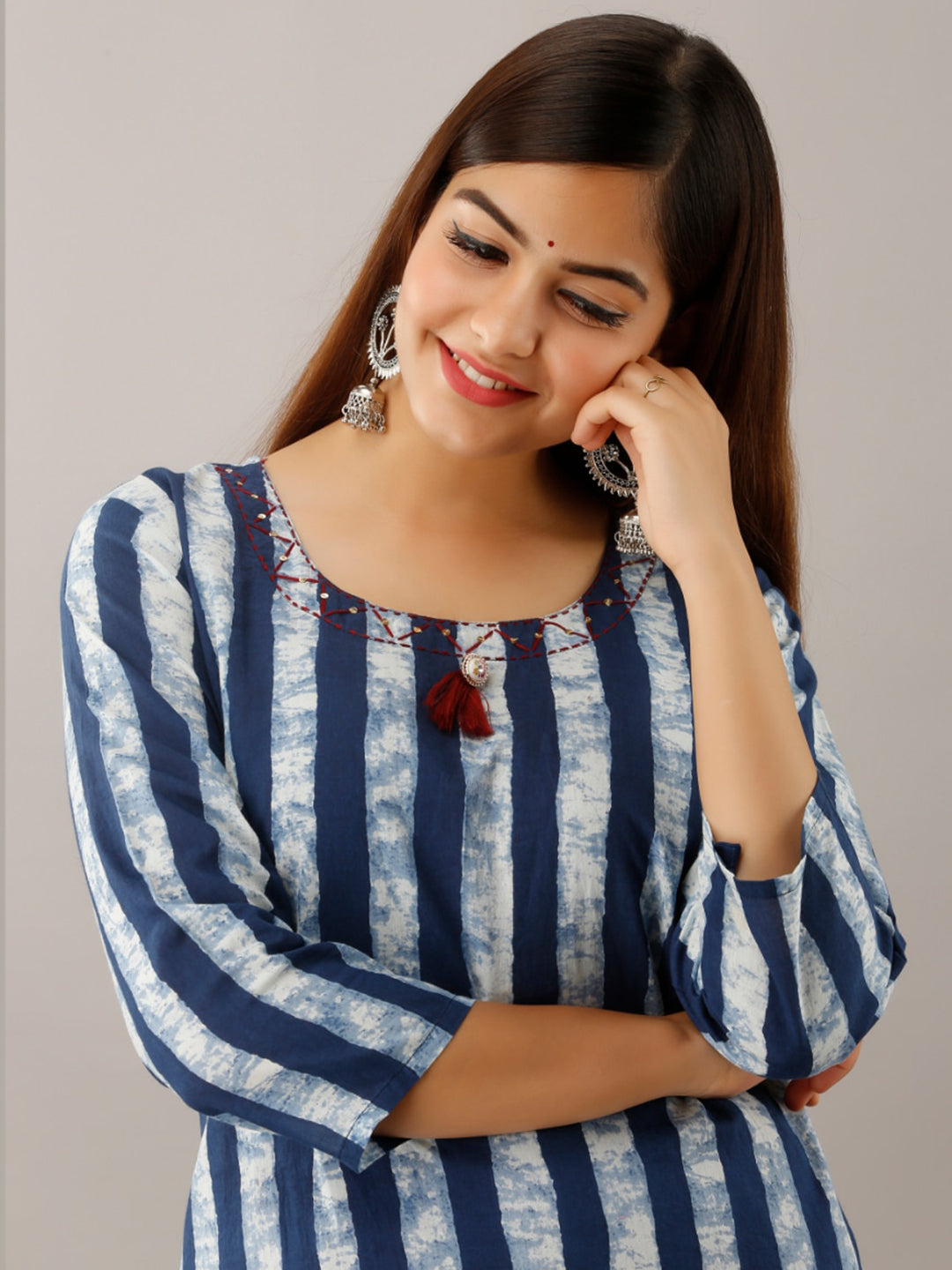Kalini Women Blue Striped Floral Kurta - Distacart