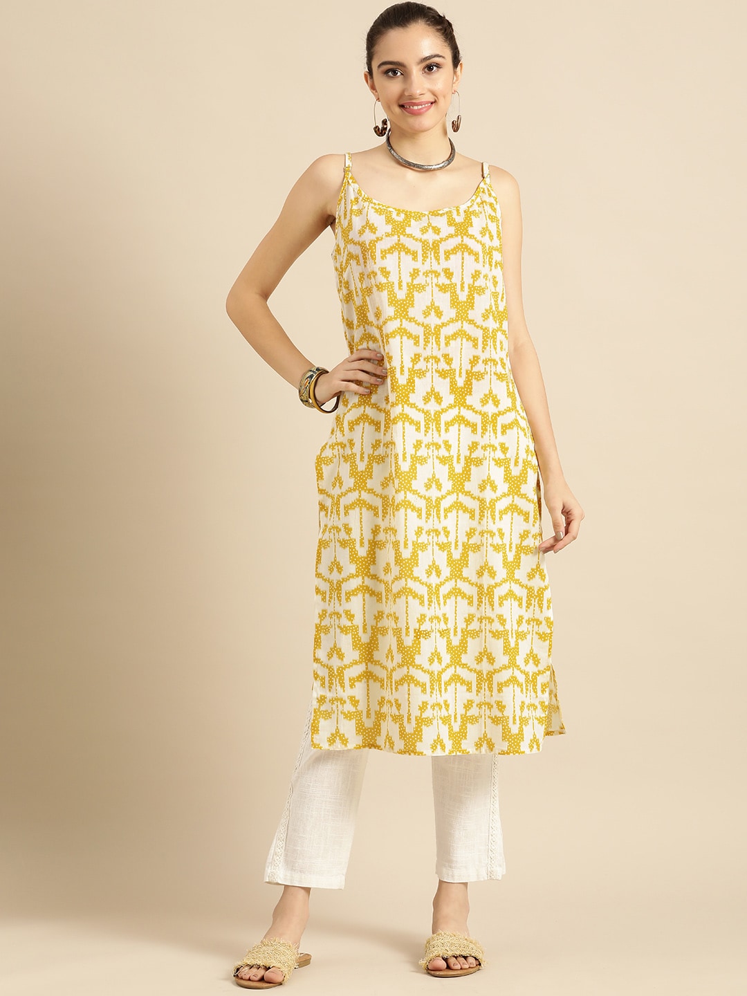 Sangria Women Mustard Yellow & Yellow Printed Cotton Kurta - Distacart