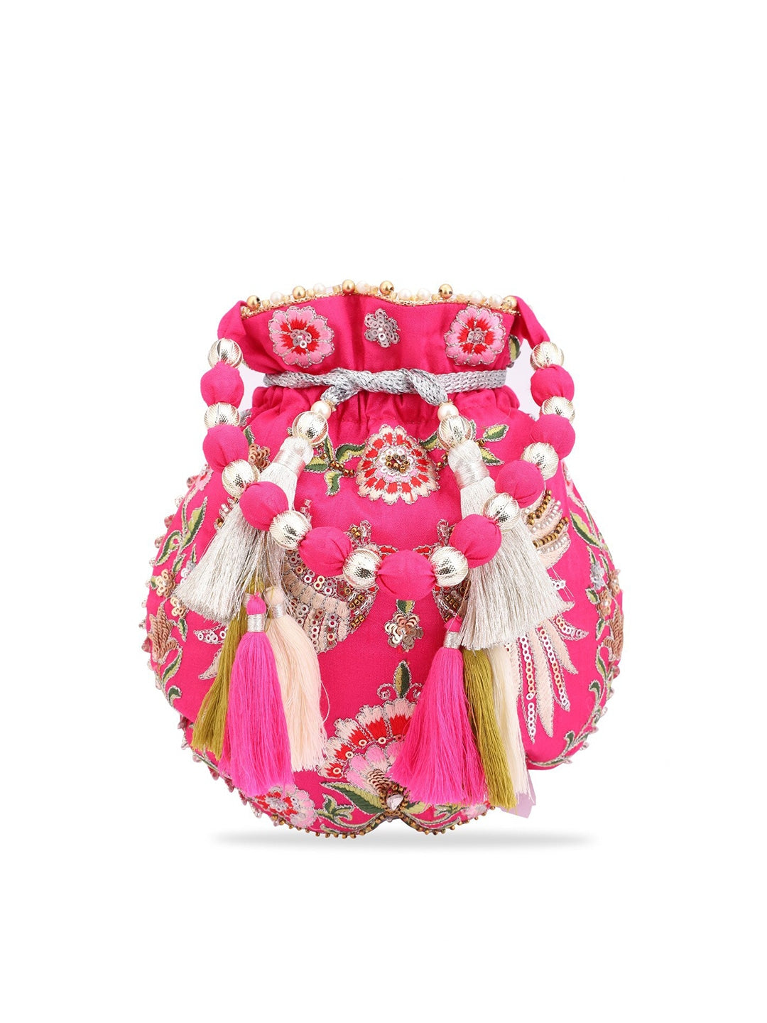 Masq Magenta & White Embroidered Potli Clutch - Distacart