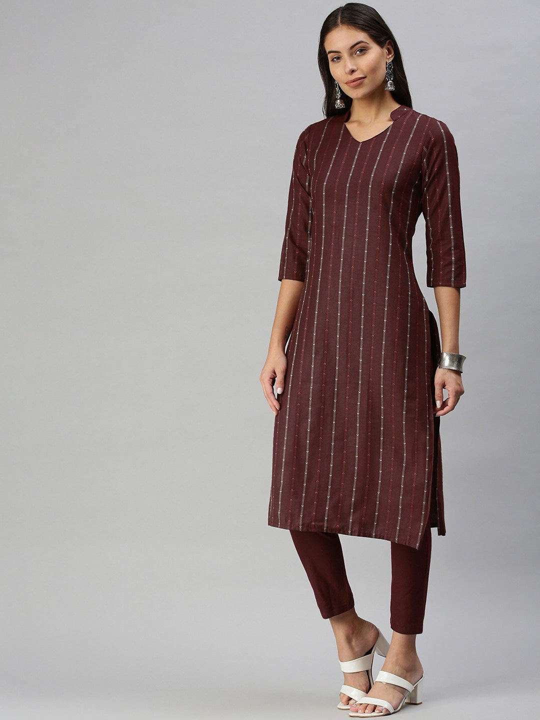Kalini Mandarin Collar Woven Design Kurta with Trousers - Distacart
