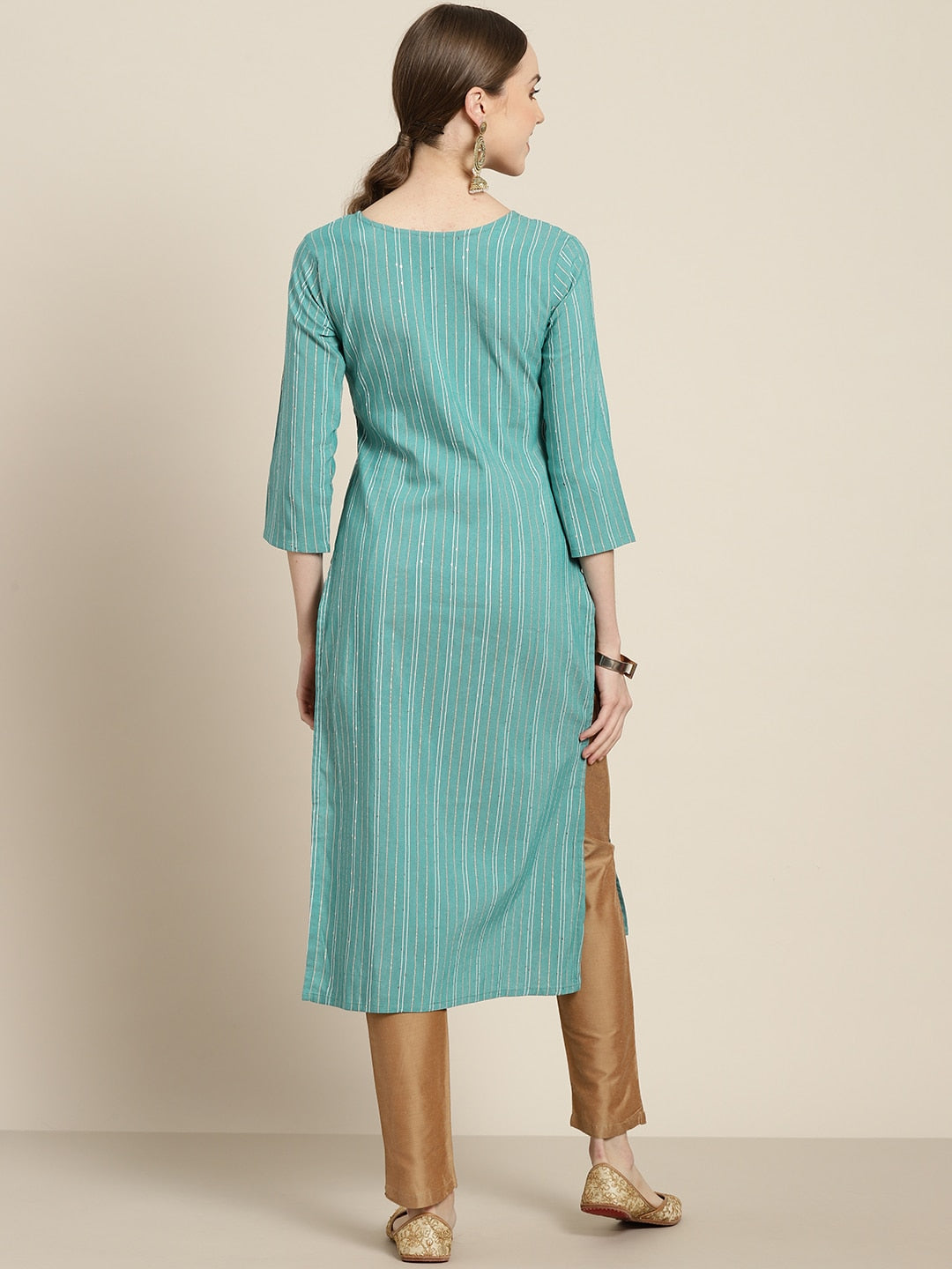 Sangria Women Sea Green & White Striped Sequin Detail Kurta - Distacart
