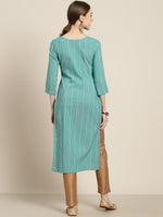 Thumbnail for Sangria Women Sea Green & White Striped Sequin Detail Kurta - Distacart
