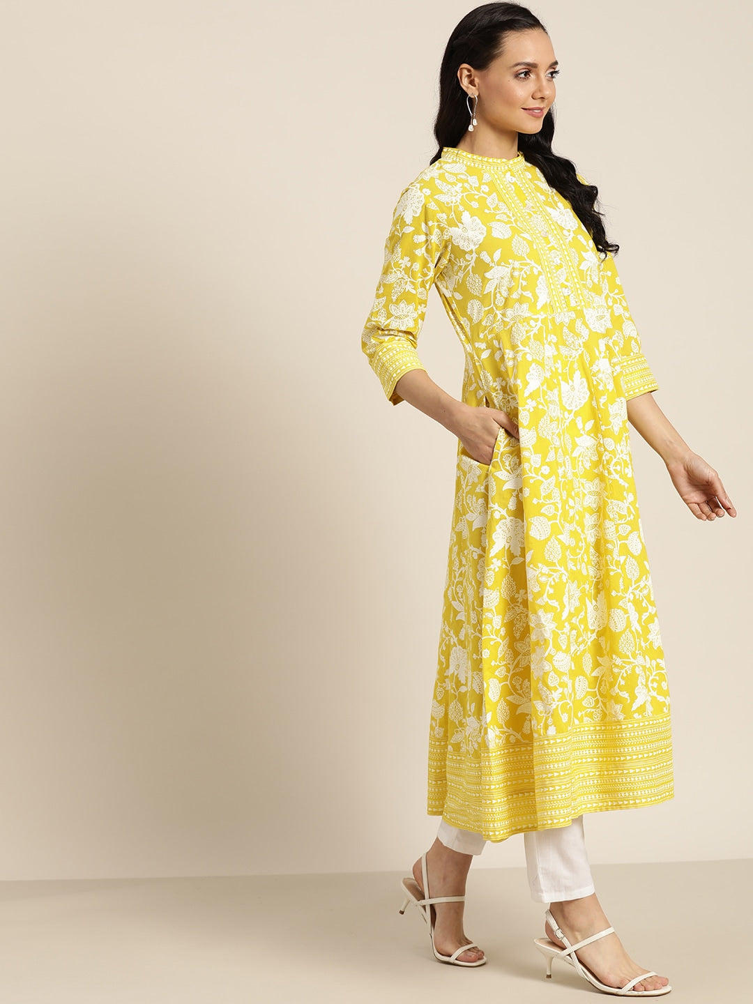 Sangria Women Yellow & White Ethnic Motifs Print Pure Cotton Anarkali Kurta - Distacart