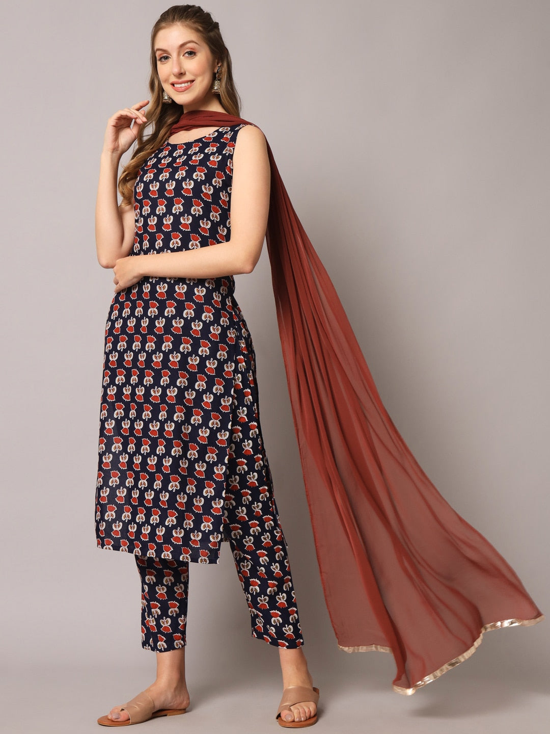 Kalini Floral Printed Round Neck Gotta Patti Straight Kurta With Trousers & Dupatta - Distacart