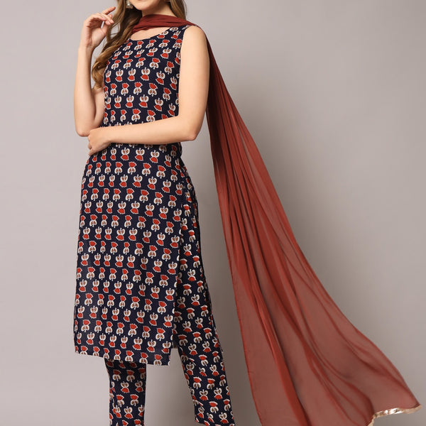 Kalini Floral Printed Round Neck Gotta Patti Straight Kurta With Trousers & Dupatta - Distacart