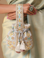 Thumbnail for Masq Grey & Gold-Toned Embroidered Potli Clutch - Distacart