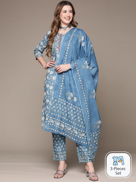 Anubhutee Floral Printed Mirror Work Pure Cotton Straight Kurta With Trousers & Dupatta - Distacart