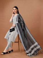 Thumbnail for HERE&NOW White & Black Ethnic Motifs Printed Pure Cotton Kurta With Trousers & Dupatta - Distacart
