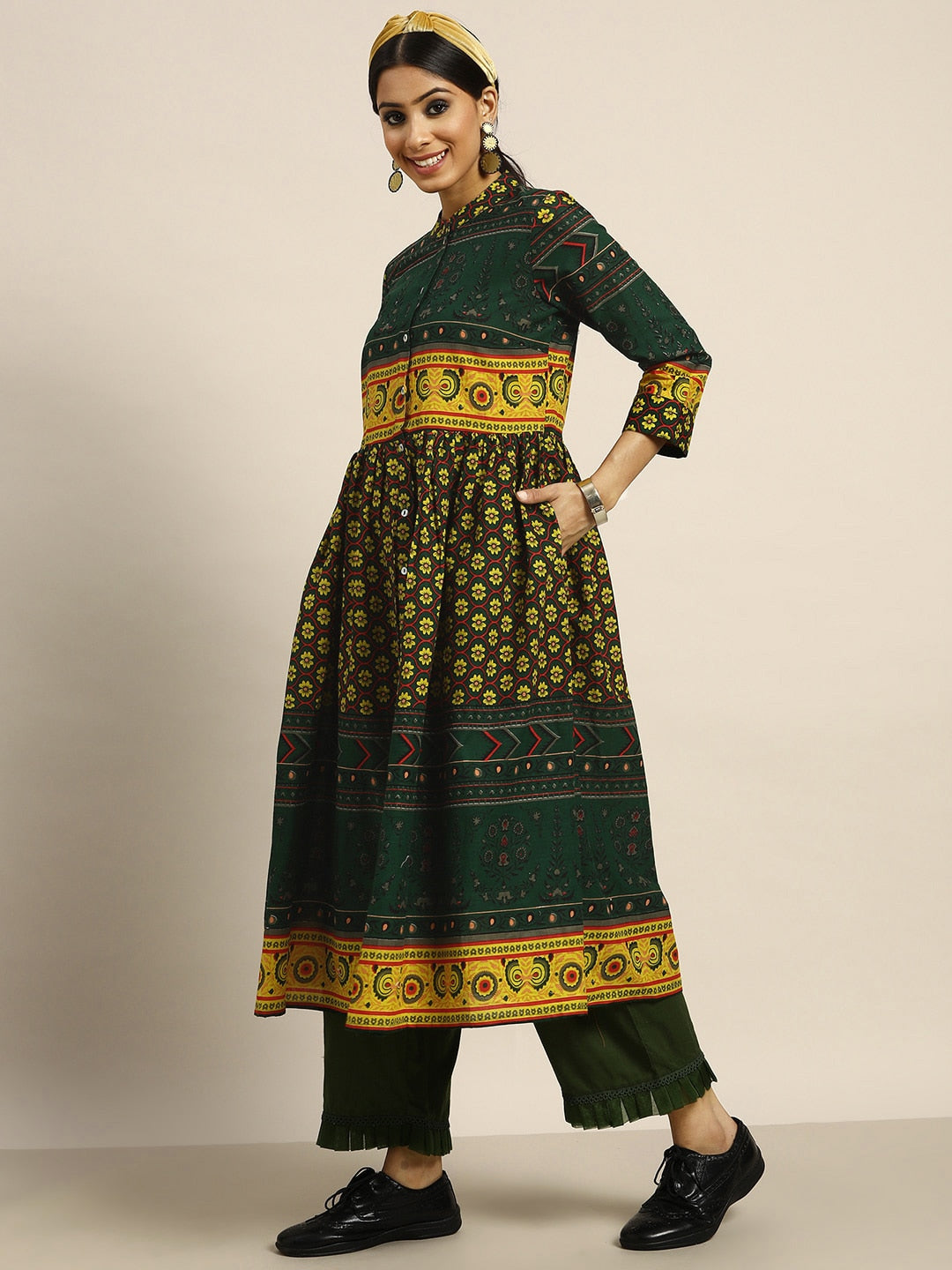 Sangria Women Green & Yellow Pure Cotton Ethnic Motifs Printed A-Line Kurta - Distacart