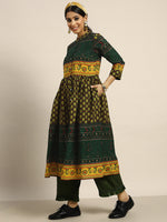 Thumbnail for Sangria Women Green & Yellow Pure Cotton Ethnic Motifs Printed A-Line Kurta - Distacart