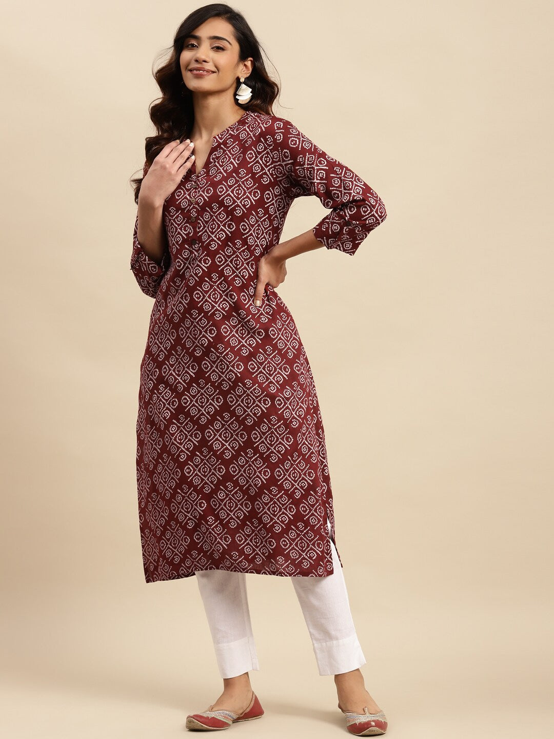 Sangria Maroon Bandhani Printed Pure Cotton Straight Kurta - Distacart