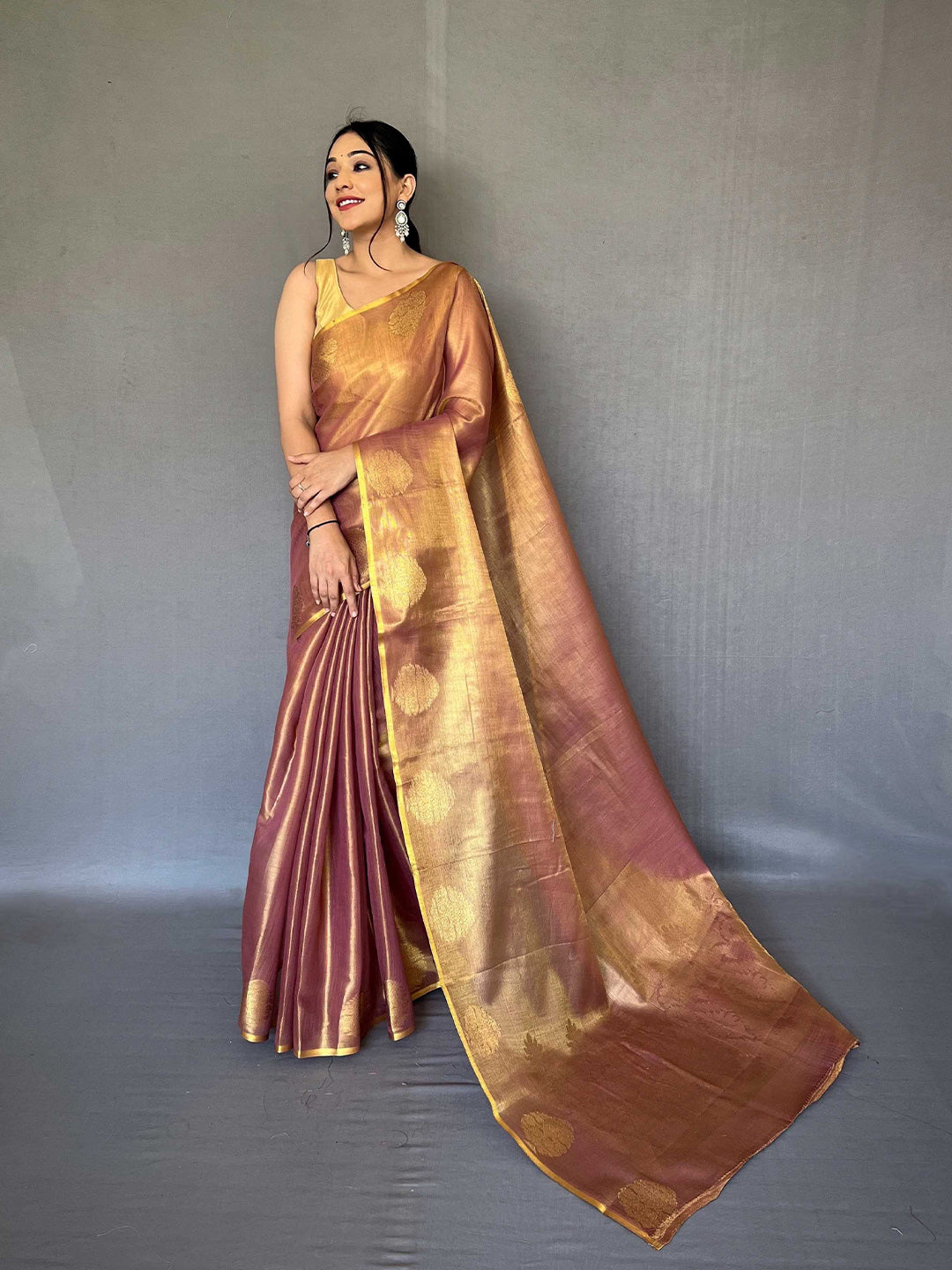 Mitera Peach-Coloured & Gold-Toned Woven Design Zari Tissue Saree - Distacart