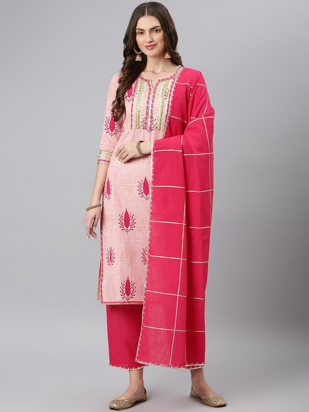 Khushal K Women Pink Ethnic Motifs Printed Gotta Patti Kurta with Trousers & Dupatta - Distacart