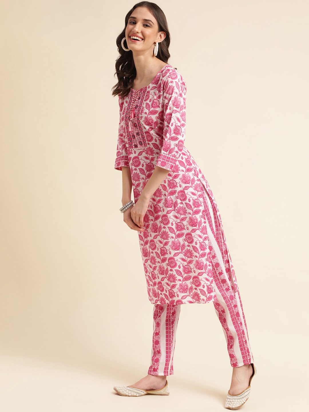 Sangria Pink & White Floral Printed Pure Cotton Straight Kurta With Trouser & Dupatta - Distacart