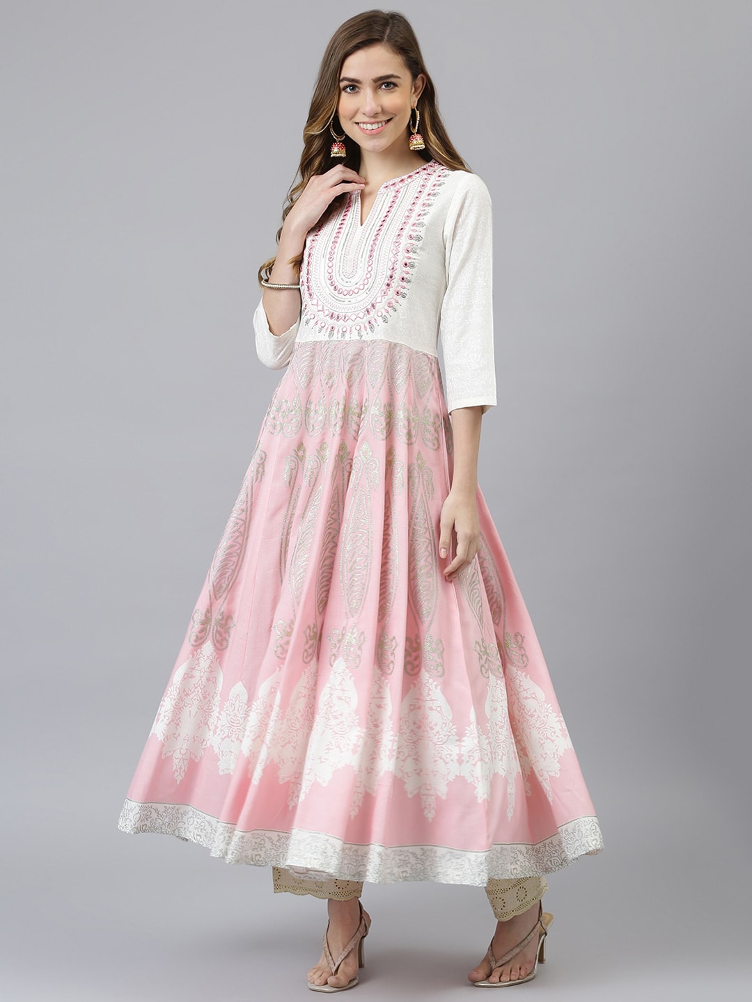 Khushal K Women Pink Ethnic Motifs Embroidered Thread Work Anarkali Kurta - Distacart