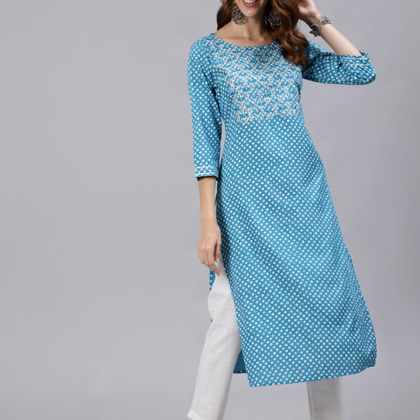 Jaipur Kurti Blue & White Floral Printed Women Kurta - Distacart