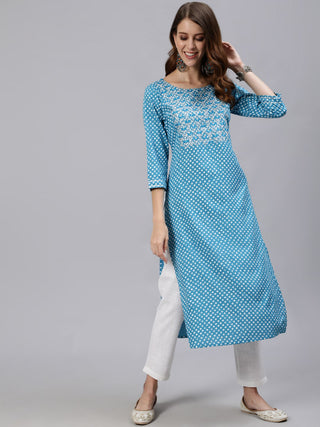Jaipur Kurti Women Blue & White Floral Printed Kurta - Distacart