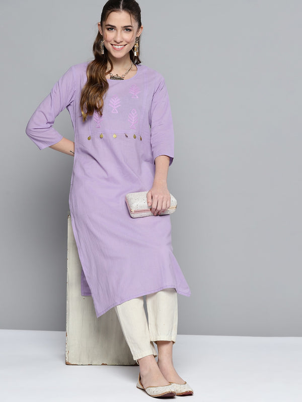 HERE&NOW Women Lavender Yoke Design Pure Cotton Thread Work Straight Kurta - Distacart