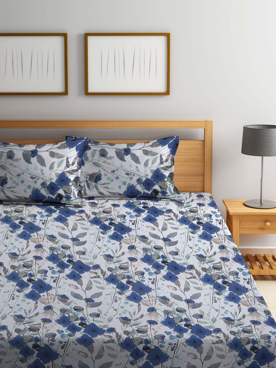 BOMBAY DYEING Blue & White Floral Cotton 144 TC King Bedsheet With 2 Pillow Covers - Distacart