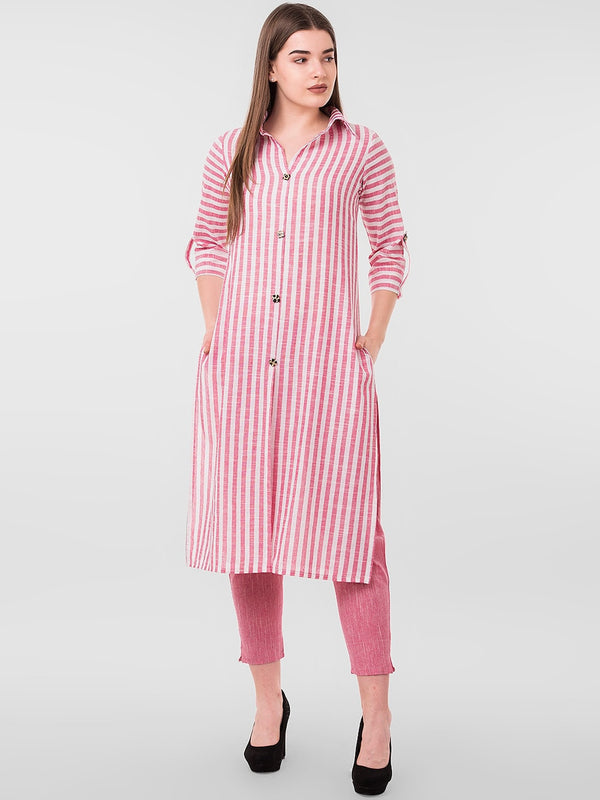 Kalini Women Pink Striped Pleated Kurta with Trousers - Distacart