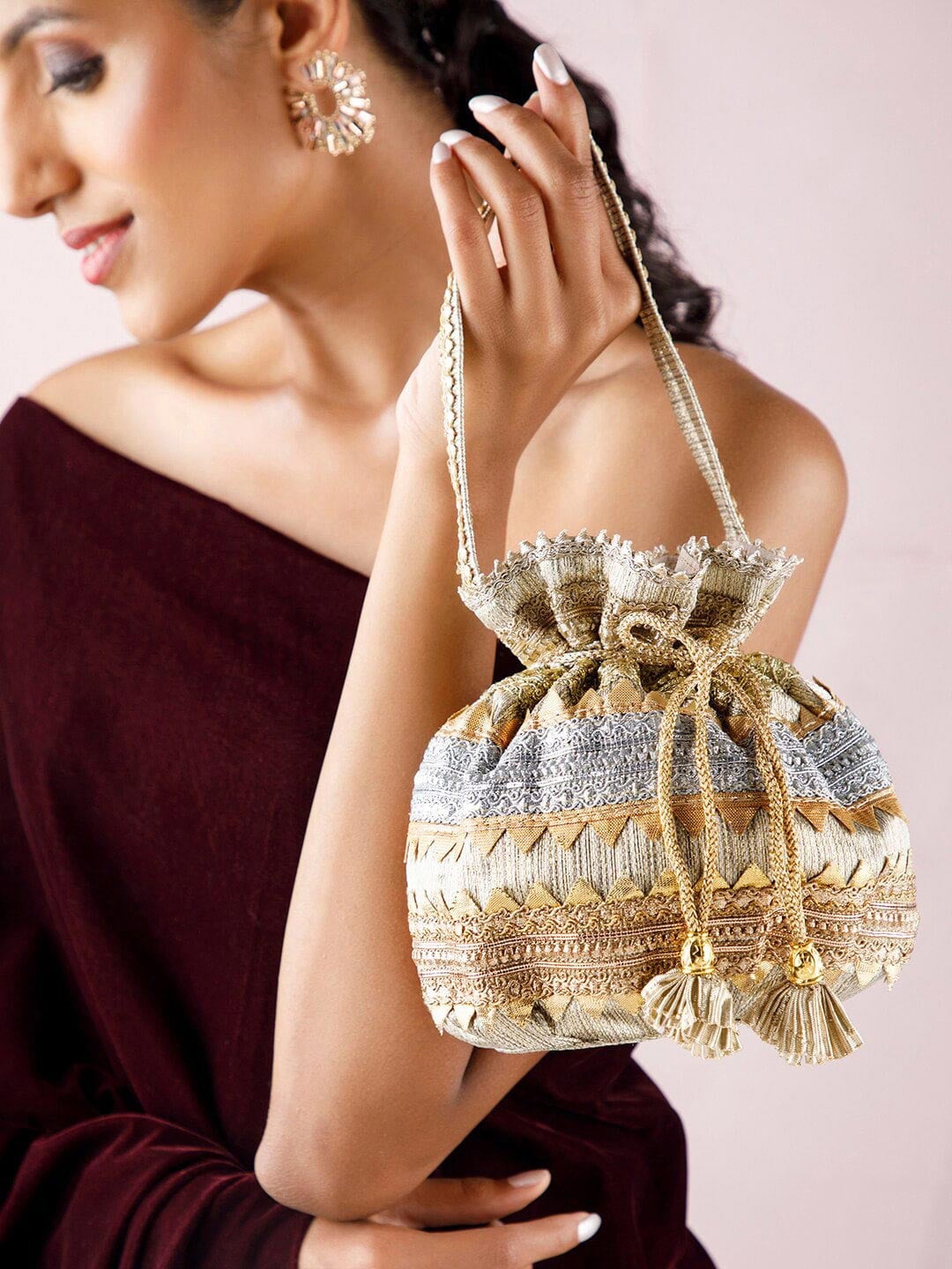 Rubans Gold-Toned & Silver-Toned Embroidered Potli Clutch - Distacart